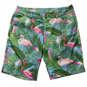 Loudmouth Golf Shorts Womens 10 Blue Flamingo Tropical Palm Leaf Print Novelty